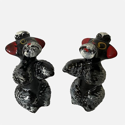 #ad Poodle Salt Pepper Shakers W Corks MCM Red Ware 1950s Japan Black Red White 4 In $11.75