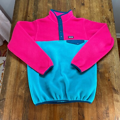 #ad Patagonia Fleece Girls XL 14 Snap T Pullover Pink Teal Long Sleeve $39.99
