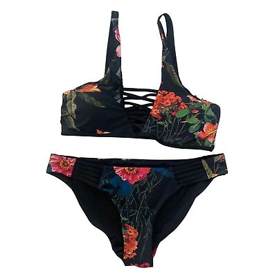 #ad Tinibikini Women#x27;s Two Piece Swimsuit Sz M Black Floral Reversible $15.87