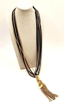 #ad Sassy Necklace 15quot; Black Gold Tone Accent Tassel 6quot; Fashion Jewelry 12 Strand $19.97