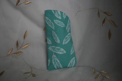 #ad Eyeglass Soft Fabric Cotton Case Lined Padded Teal with White Feathers Handmade $5.25