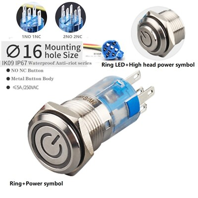 #ad 16mm Ring LedHigh head Power symbol IP67Stainless steel Anti vandal Push button $10.50