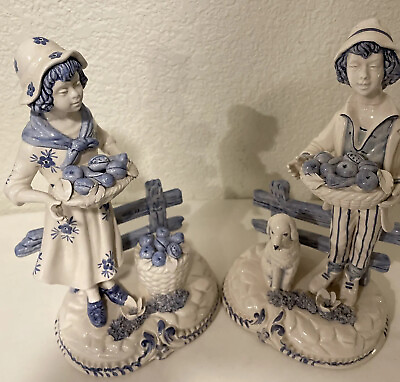 Rare Porcelain Figurines Boy Girl amp; Dog Baskets of Fruit Signed Made InItaly $35.00