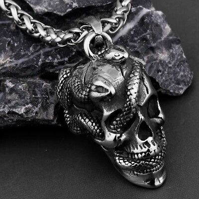 #ad Mens Stainless Steel 24 inch Chain Pendant Silver Snake In Pirate Skeleton Skull $11.89