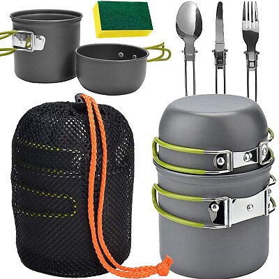 #ad 8Pcs Camping Cookware Mess Kit with Pot fork Mesh Bag for Outdoor Camping Picnic $19.19