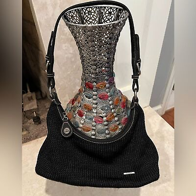 #ad The Sak Black Woven Crochet Knit Shoulder Bag Purse Adjustable Strap Zip Close $25.00