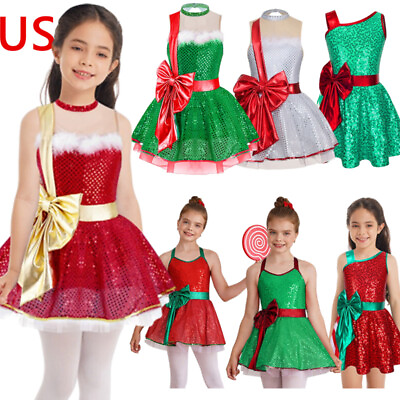 #ad US Girls Christmas Costumes Shiny Sequins Dress Santa Dance Sleeveless Dresses $6.64