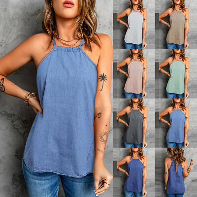 #ad Women Halter Tank Tops Ladies Sleeveless Loose Camisole Summer Party Shirts Vest $18.29