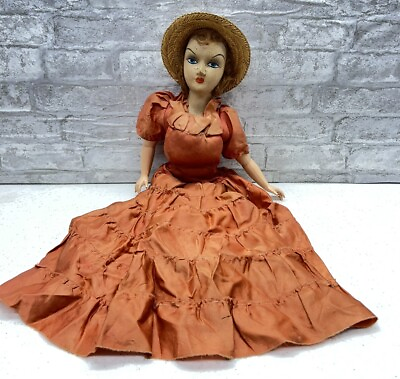 #ad 1920s ANTIQUE BOUDOIR BED DOLL 26quot; Composition and Cloth With Dress amp; Hat $79.99