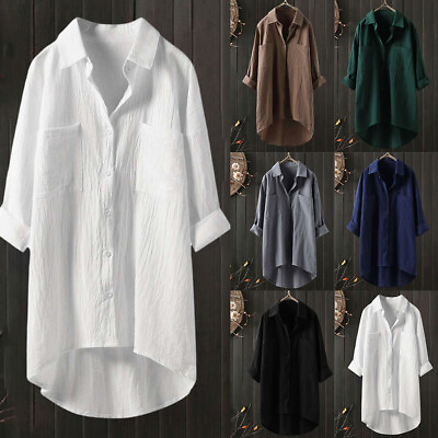 #ad Spring Women Cotton Linen Shirt Dress Casual Baggy Long Blouse Tunic Tops Tee $19.99