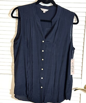 #ad Nanette Lepore Navy Blue New Sleeveless Button Up Large Blouse Women $21.00