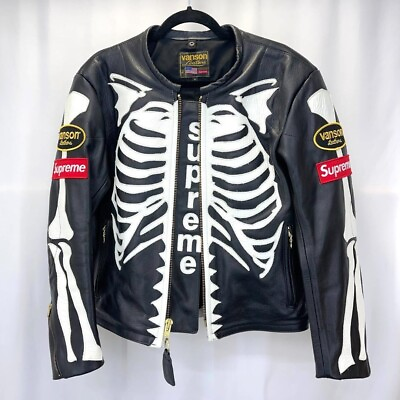 #ad Supreme Vanson Leather Bones Jacket Handmade Skeleton Café Racer Biker Jacket $349.50