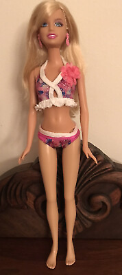 #ad Vintage Barbie Tropical Beach 1999 in Two Piece Swimwear and Pink earrings. VGC $19.99