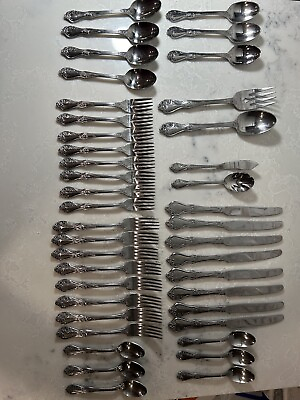 #ad Stainless 41 Pc. Flatware Set Service For 6 Extras Flower Details Utensils $25.00