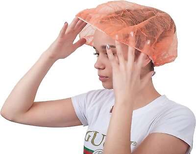 #ad 100 pcs Orange Bouffant Cap Hair Net Non Woven Head Cover Industrial 24quot; $24.24