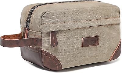 #ad Wogarl Toiletry Bag for Men Leather and Canvas Travel Light Grey $19.03
