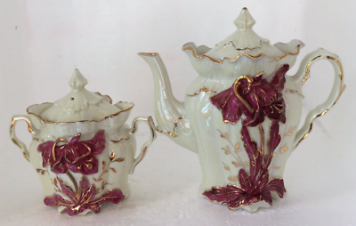#ad ANTIQUE BONE CHINA MINI TEAPOT amp; SUGAR W LIDs HAND PAINTED VICTORIAN Numbered $49.99
