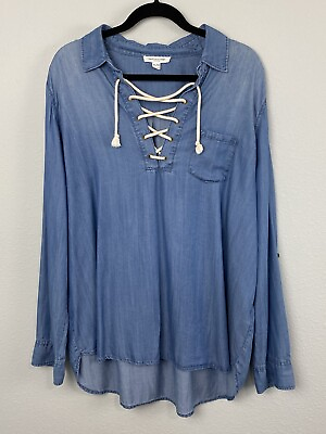 #ad Beach Lunch Lounge Womens Sz XL Chambray Blue Long Sleeve Blouse Lace Up Neck $13.32