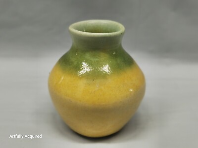 #ad Minature Studio Pottery Vase Yellow And Green Marked 2.5 Inch $30.00