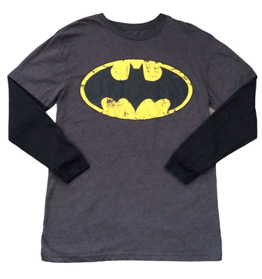 #ad DC Comics Mens Batman Tee Shirt L S Distressed Gray Black Medium EUC $14.99