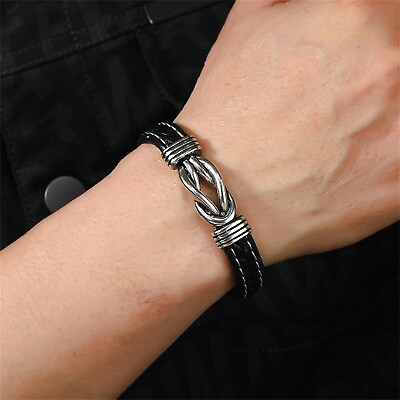 #ad Braided Bracelet PU Leather Wristband Men Boy Stainless Solid Bnad Black Cool $0.99