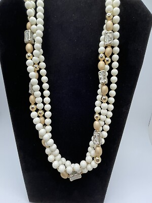 #ad Ivory Necklace Gold Tone Beads 24 inches Triple strand by Alabaster $13.49