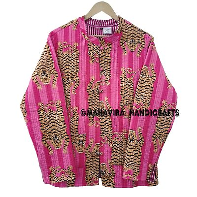 #ad Indian Cotton Tibetan Tiger print Both Side wear Short Pink Quilted Biker Jacket $40.47