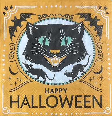 #ad TWO Individual Paper Cocktail Decoupage Napkins Happy Halloween Black Cat $1.95