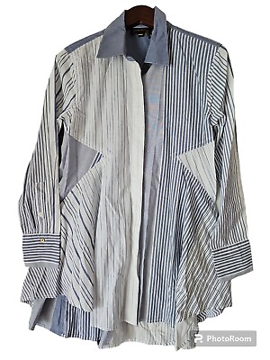 #ad Donna Karan New York Womens Striped Contrast Cotton Button Down Shirt Size S $45.00