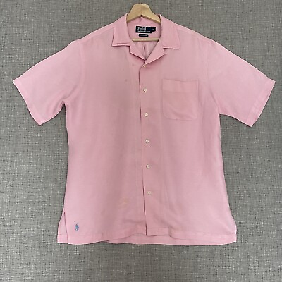 #ad Polo Ralph Lauren Caldwell Shirt Mens Medium Pink Collar Camp Silk Linen VINTAGE $34.99