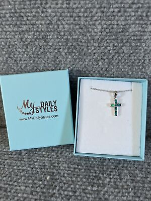 #ad Womens Girls 925 Sterling Silver Small Cross Emerald Green Blue Pendant Necklace $19.99