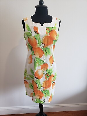 #ad G amp; C Orange Fruit Print Linen Summer Dress Size L Tropical Vibrant Colors $25.00