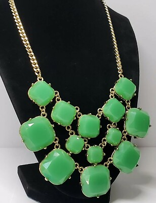 #ad Lime Green Square Cabochon Open Back Cluster Statement 18quot; Gold Tone Necklace $10.00