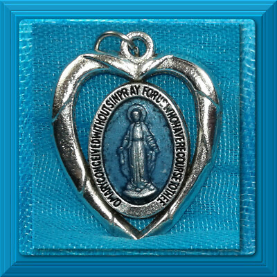 #ad Miraculous Medal Catholic 1 1 4quot; BLUE Enamel XL Pendant HEART SHAPE Cut Out SALE $1.25