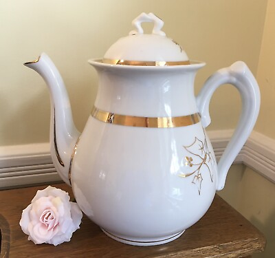 #ad Vintage Large White Porcelain Coffee Pot Gold English Ivy No Backstamp 6 Cup $27.00