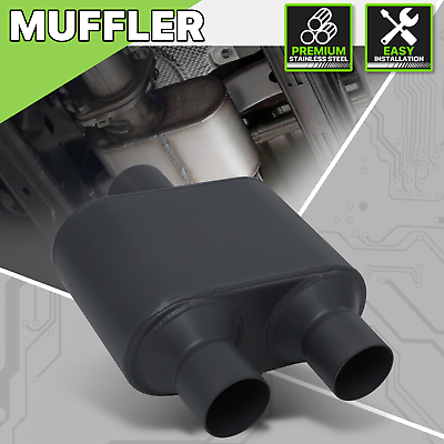 #ad 2.5quot; Inlet Dual Outlet Black Stainless Steel Universal Chambered Exhaust Muffler $44.99