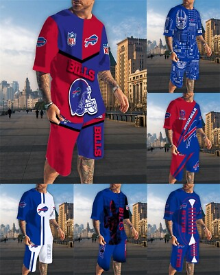 #ad Buffalo Bills Mens 2PCS Outfits Summer Crewneck T shirt Sports Board Shorts Gift $37.99