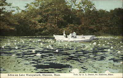 #ad Hanson Massachusetts MA Boating with Dog Lake Wampatuck Lilies c1910 PC $7.05
