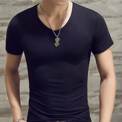 #ad Mens V Neck T Shirt Short Sleeve Slim Fit Casual Plain Tee Top Fitness Pullover $9.22