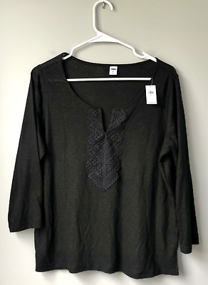 #ad NWT Old Navy Linen Blend Womens 3 4 Sleeve Blouse Black Lace Detail Size Medium $10.00