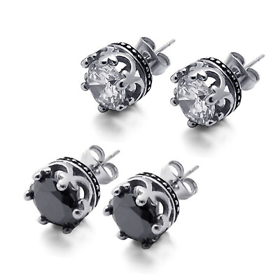 #ad 2pcs Stainless Steel 10mm Round CZ Mens Womens Royal Crown Stud Earrings Set $8.36