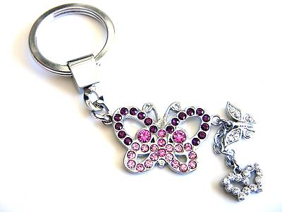 #ad Butterfly Key Chain Pink Crystal Silver Plated Key Ring Dangle Charm $12.99
