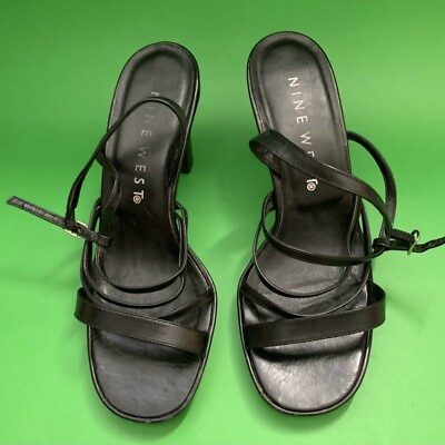 #ad NINE WEST Kieran strappy leather high heels size 7M Black block heel Sandals $14.40