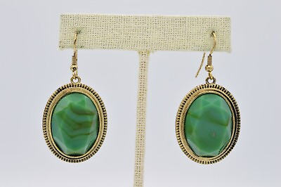 #ad Statement Earrings Dangle Dark Green Crystal Shape Oval Antiqued Gold Chunky 9L $11.16
