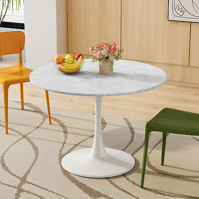 #ad Modern Round Dining Table with Printed White Marble Top Metal Base $352.43