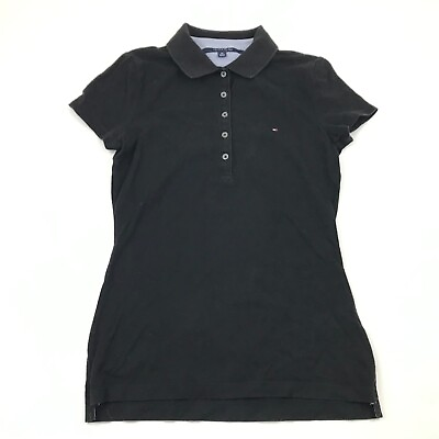 #ad Tommy Hilfiger Polo Shirt Womens Size Small Black Short Sleeve Top Ringer Top TH $18.77