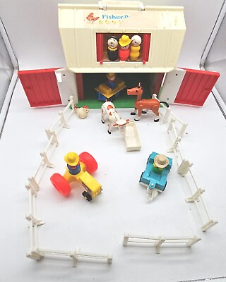 #ad VTG 1968 Fisher Price Toys Play Family Farm Red Barn Tractor Dog Farmer Fence $59.98