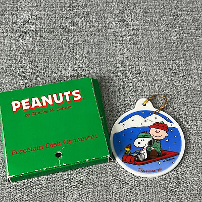 #ad Peanuts Snoopy Porcelain Disk Ornament 1991 Christmas made in Japan $22.49