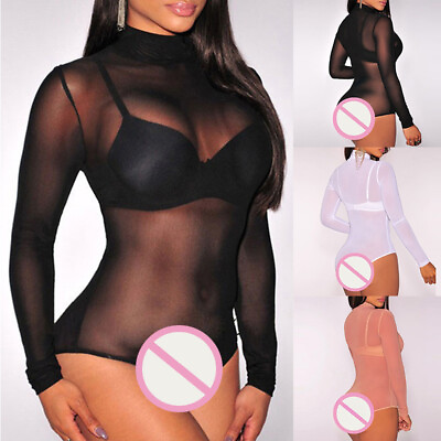 #ad Women#x27;s long Sleeve Turtle neck sexy Bodysuit Leotard hot Stretch Mesh Fishnet Ḿ $7.57