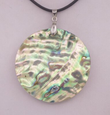 #ad Beauty 45mm Coin natural rainbow abalone shell black rope pendant necklace 18quot; $3.79